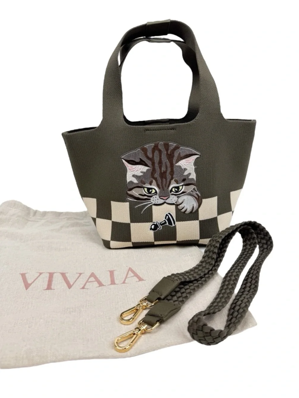 NEW Vivaia The Mini Tote Anita Army Green Checker Board Cat Crossbody Bag